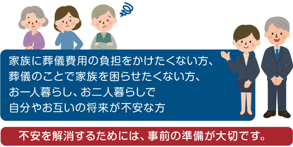 家族に葬儀費用の負担をかけたくない方、葬儀のことで家族を困らせたくない方、お一人暮らし、お二人暮らしで自分やお互いの将来が不安な方。不安を解消するためには、事前の準備が大切です。